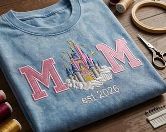 Custom Disney Mom Castle Embroidered Washed Shirt, Disney Mother's Day Tee, Magic Kingdom Family Vacation Shirt, Disney World Park Outfit