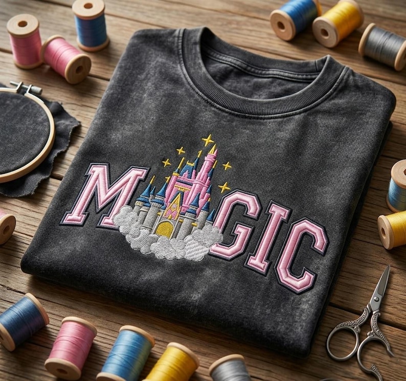 May include: A dark gray sweatshirt with the word "MAGIC" embroidered in pink, featuring a castle design. The sweatshirt is surrounded by spools of thread in various colors, embroidery hoops, and scissors, suggesting a craft theme.