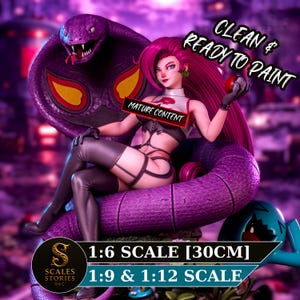 May include: A detailed figure of a woman with pink hair, seated on a purple snake. The image includes the text "CLEAN & READY TO PAINT" and "MATURE CONTENT". The figure is 1:6 scale, approximately 30cm. The figure is holding a red object. The figure is purple and black.