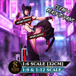 Könnte beinhalten: Detaillierte Figur eines weiblichen Charakters in einer dynamischen Pose, gekleidet in einem schwarz-rosa Outfit. Die Figur ist im Maßstab 1:6, etwa 32 cm hoch, und mit "Clean & Ready to Paint" gekennzeichnet. Das Bild hat einen Neon-Hintergrund.