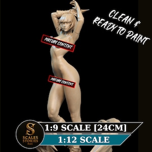 May include: A beige, unpainted figurine of a female figure with arms raised. The text "CLEAN & READY TO PAINT" is visible. The figurine is 24cm tall and is 1:9 scale. The words "MATURE CONTENT" are displayed on the figurine.