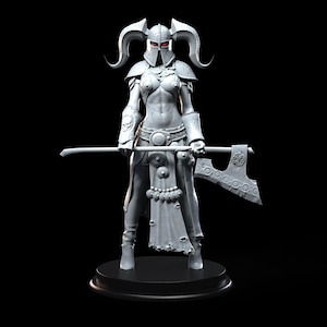 May include: A detailed 3D-printed figurine of a warrior woman, clad in armor and a horned helmet. She holds a large axe with a circular design on the blade. The figure has red eyes and stands on a black base.