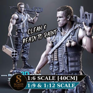 Puede incluir: Un modelo de resina gris de un soldado musculoso que sostiene un rifle sobre el hombro y un lanzador de cuatro tubos en la mano. La figura lleva un chaleco táctico con granadas y munición. Texto: CLEAN & READY TO PAINT, 1:6 SCALE [40CM], 1:9 & 1:12 SCALE.