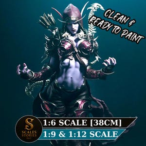 Peut inclure: Figurine détaillée d'un personnage fantastique féminin à la peau violette, portant une armure et une capuche. La figurine est à l'échelle 1:6 (38 cm) et est "CLEAN & READY TO PAINT". Comprend un arc et des flèches.