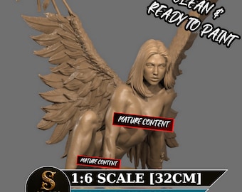 May include: A brown resin sculpture of a winged figure, with the text "CLEAN & READY TO PAINT" and "MATURE CONTENT". The sculpture is 32cm tall and is 1:6 scale. The logo for Scales Stories D&C is also visible.