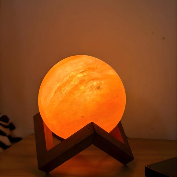 Himalayan Salt Moon Lamp on Wooden Stand - Warm Amber Glow Night Light