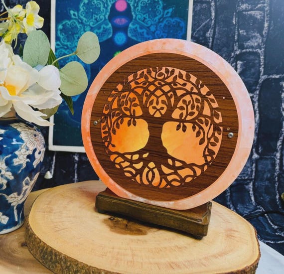 Himalayan Salt Lamp | Flower of Life Wood Carving | Dimmable Ambient Light