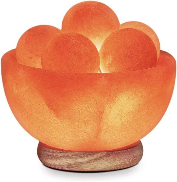 Natural Himalayan Salt Lamp Bowl with 6 Heated Massage Balls | Pink Crystal Rock Lamp with Stylish Wooden Base
