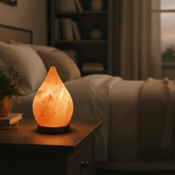 Teardrop Himalayan Salt Lamp | Natural Pink Crystal Rock Lamp with Wooden Base | Ambient Light & Unique Gift