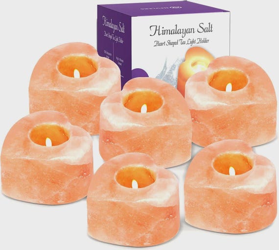 6-Pack Pure Himalayan Salt Candle Holders | Heart Shaped Tea Light Set | Creates a Warm, Romantic Glow