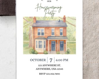 May include: A housewarming party invitation with a watercolor illustration of a two-story brick house. The text "You're Invited to Our Housewarming Party" is at the top. The date, time, address, and RSVP information are also included.
