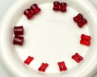 Red Glass Double Flare Plugs - Hand Carved Gauges - Frosted & Clear Crystal Ear Tunnels - Hypoallergenic Body Jewelry