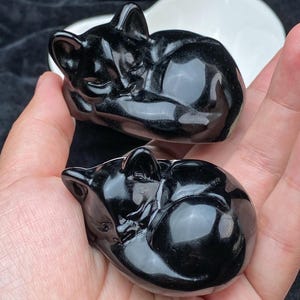 Obsidian Sleeping Cat - Protective Black Cat Sculpture - Grounding Stone Carving - Witchy Altar Decor