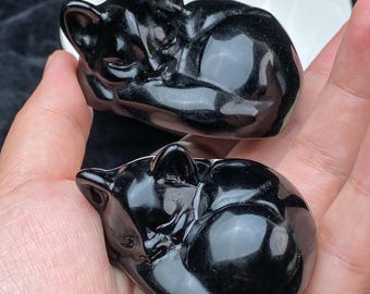 Obsidian Sleeping Cat - Protective Black Cat Sculpture - Grounding Stone Carving - Witchy Altar Decor