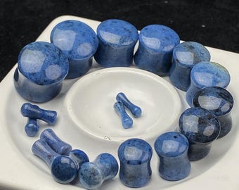 Spot Blue Lace Double Flare Plugs - Natural Spot Blue Lace Stone Gauges - Calming Cloudy Crystal Ear Tunnels
