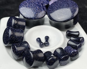 Blue Goldstone Double Flare Plugs - Starry Night Gauges - Sparkling Crystal Ear Tunnels - Cosmic Body Jewelry - Healing Stone