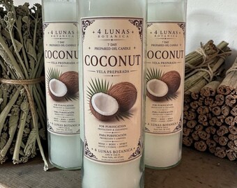 May include: Three tall, cylindrical glass candles filled with white wax. Each features a label reading 4 LUNAS BOTANICA, 7 DAY PREPARED OIL CANDLE, COCONUT, VELA PREPARADA, FOR PURIFICATION, PROTECTION & CLEANSING, and MIND, BODY, SPIRIT.