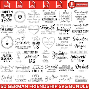Puede incluir: Una colección de 50 diseños SVG alemanes con temática de amistad en negro. Incluye varias frases y citas sobre el amor, la amistad y la felicidad. Perfecto para proyectos de manualidades y regalos personalizados.