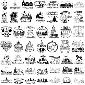 May include: A collection of black and white Christmas-themed designs. The images include festive text, houses, trees, gnomes, and reindeer. The designs are suitable for holiday crafts and decorations.