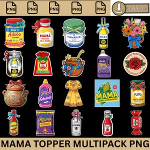 May include: A collection of PNG images featuring various products and labels with text in Spanish. Includes jars, bottles, a dress, and a bag, all with the theme of "Mama" and "Mother's Day". The images are colorful and decorative.