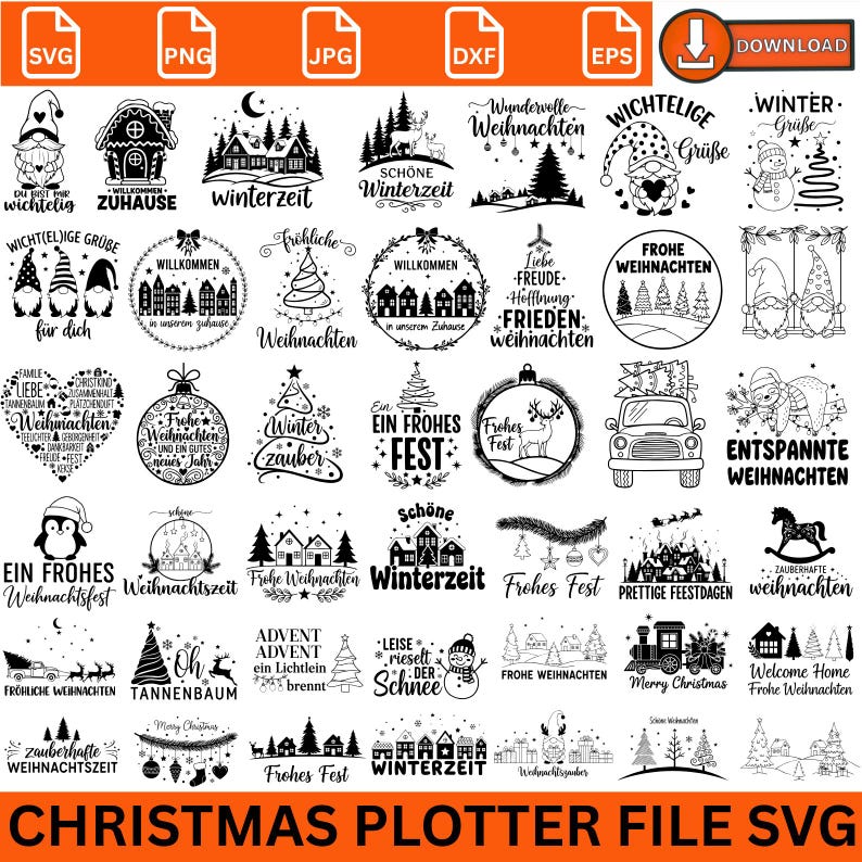 May include: A collection of black and white Christmas-themed SVG files. Designs include festive phrases, gnomes, Christmas trees, houses, and reindeer. The text "CHRISTMAS PLOTTER FILE SVG" is at the bottom.