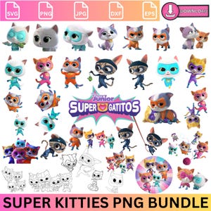 Puede incluir: Una colección de personajes de dibujos animados de gatos coloridos en varias poses, con el texto "Disney Junior Super Gatitos" y "SUPER KITTIES PNG BUNDLE". Los gatos están con trajes de superhéroes.