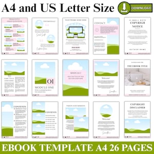 Puede incluir: Plantilla de libro electrónico de 26 páginas, disponible en tamaños A4 y US Letter. El diseño presenta una combinación de colores rosa claro y verde. Las páginas incluyen secciones para preguntas frecuentes, testimonios e información de contacto.