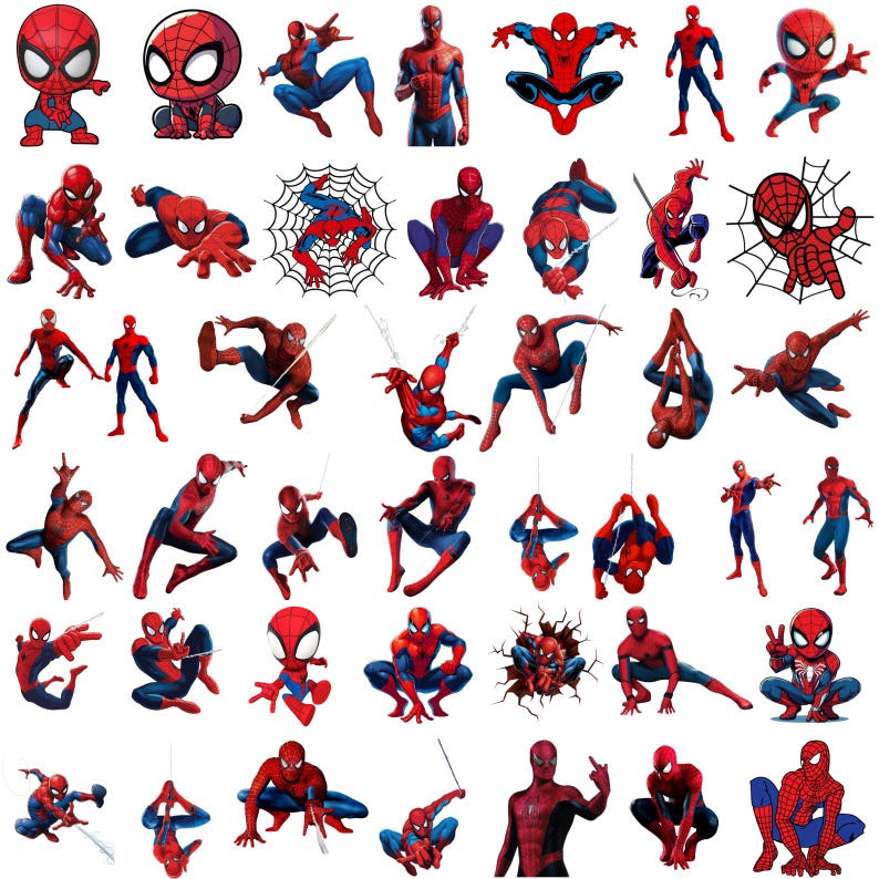 Peut inclure: Plusieurs illustrations de Spider-Man dans diverses poses. Les images pr&eacute;sentent le super-h&eacute;ros dans son costume rouge et bleu embl&eacute;matique, avec des styles artistiques vari&eacute;s. Les illustrations sont sur fond blanc.