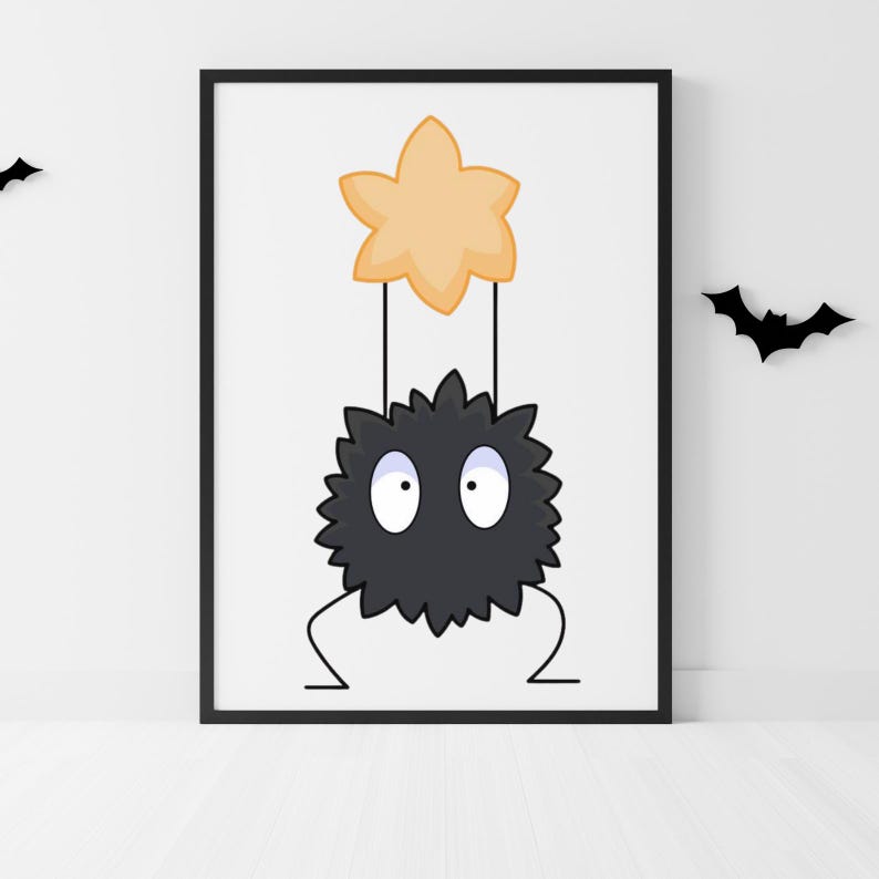 May include: A framed art print featuring a whimsical cartoon character. The character is a black, spiky ball with large white eyes, holding a yellow star above its head. The artwork is set against a white background, with black bats as decorative elements.