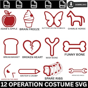 May include: A collection of 12 red line art illustrations of body parts and related items, including an apple, ice cream, butterfly, horse, bread, heart, wishbone, bone, knee, pencil, ribs, and wrench. Text at the bottom reads "12 OPERATION COSTUME SVG."