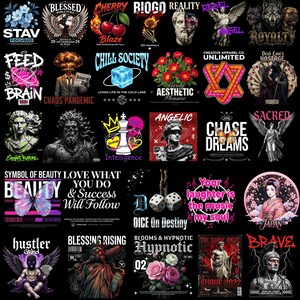 May include: A collection of thirty distinct graphic designs arranged in a grid on a black background, featuring various illustrations including statues, flowers, skulls, butterflies, and text-based slogans like Blessed, Chill Society, and Brave.