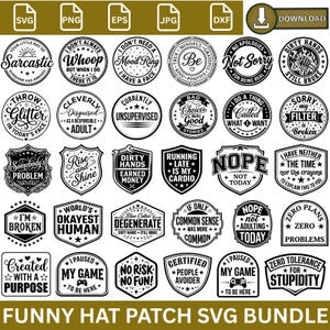 Op de afbeelding: Een verzameling zwart-witte SVG-bestanden met humoristische tekstontwerpen voor hoedpatches. De patches hebben verschillende vormen, waaronder cirkels, schilden en rechthoeken. Tekst bevat zinnen als "Sarcastic", "Nope" en "Zero Tolerance".