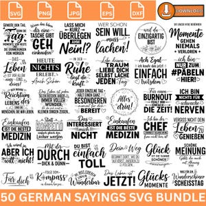 Peut inclure: Un ensemble graphique à télécharger numériquement avec 50 dictons allemands dans une variété de polices. Les phrases sont en noir et blanc, avec certains modèles comprenant des éléments décoratifs. Le lot comprend les formats de fichiers SVG, PNG, JPG, EPS et DXF.