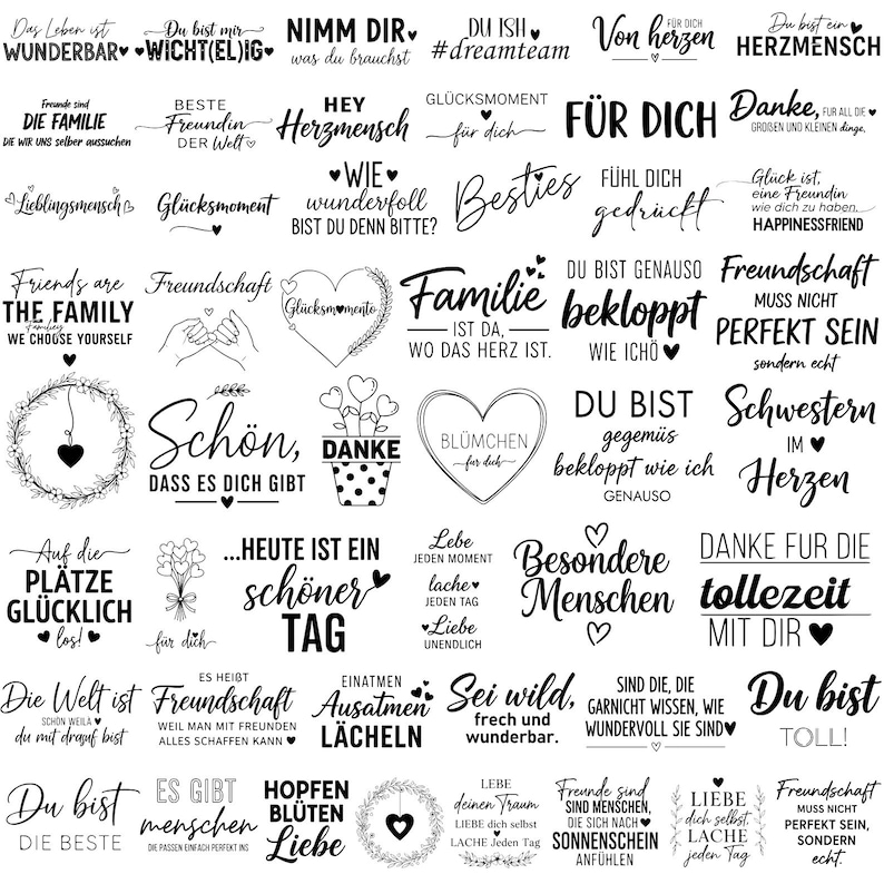 Peut inclure: Plusieurs motifs de texte en noir et blanc avec des phrases et des citations vari&eacute;es, notamment les mots "famille", "amour" et "amiti&eacute;". Les motifs sont dans une vari&eacute;t&eacute; de polices et de styles, adapt&eacute;s &agrave; l'artisanat ou aux imprimables.