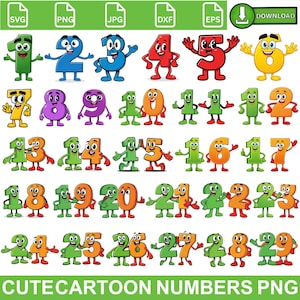 May include: A collection of colorful cartoon numbers, each with a unique expression and pose. The numbers are in various colors, including green, blue, red, and yellow. The text "CUTE CARTOON NUMBERS PNG" is at the bottom.