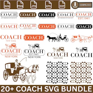 Puede incluir: Un conjunto de archivos SVG con temática Coach. Los diseños incluyen el logotipo de Coach en varios estilos, carruajes tirados por caballos y el texto "An American Legacy" y "Leatherwear New York". El paquete incluye formatos de archivo SVG, PNG, JPG, EPS y DXF. También está presente el texto "20+ COACH SVG BUNDLE".