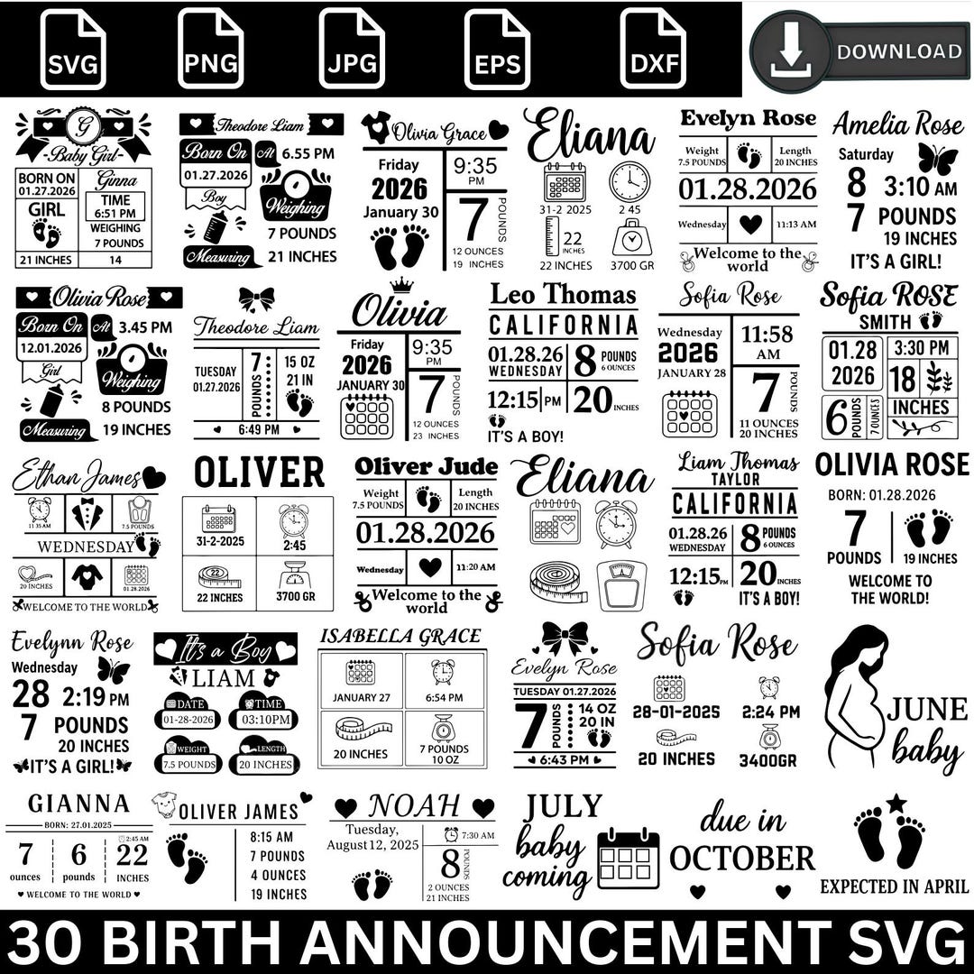 Birth Announcement Svg Bundle, Birth Stats Svg, Baby Stats Template ...