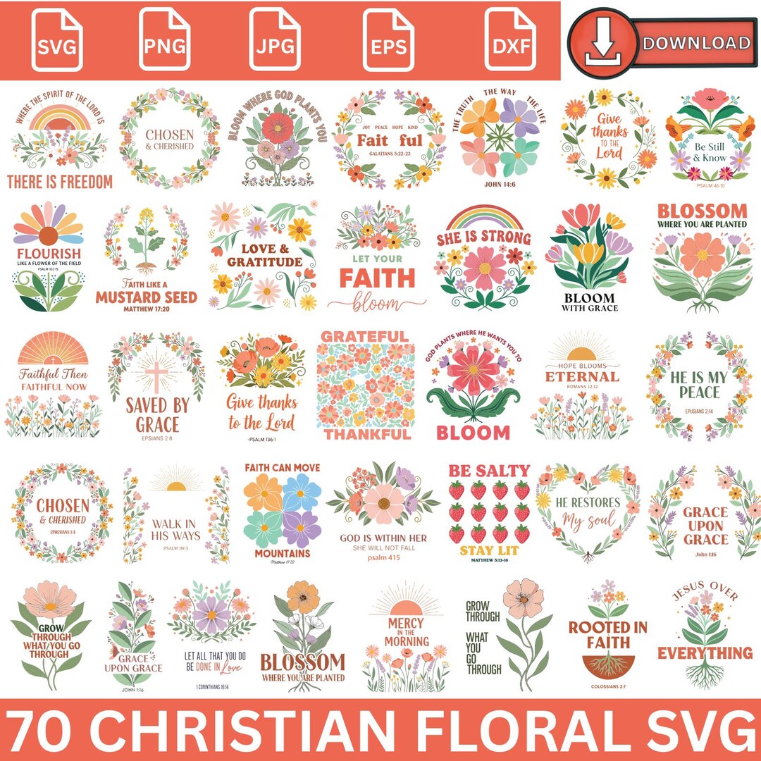 Christian Boho Floral SVG PNG Bundle, Retro Faith Art, Inspirational ...