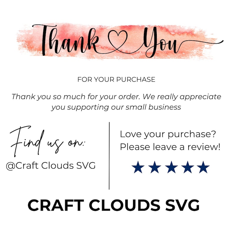 Peut inclure: Fond blanc avec les mots "Thank You" en &eacute;criture cursive sur un lavis d'aquarelle rose. Le texte ci-dessous indique "For Your Purchase" et "Thank you so much for your order. We really appreciate you supporting our small business."