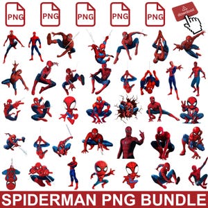Op de afbeelding: Een verzameling Spider-Man PNG-afbeeldingen in verschillende poses, waaronder actieopnamen, web-slinging en staande figuren. De afbeeldingen zijn in rood en blauw, met een paar cartoon-stijl versies. De tekst "SPIDERMAN PNG BUNDLE" staat onderaan.