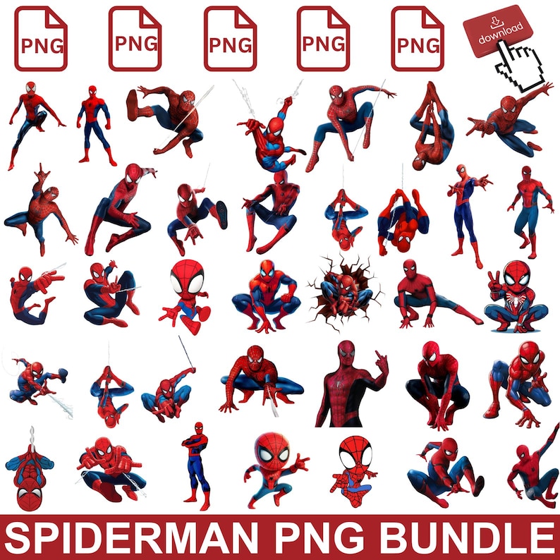 Peut inclure: Un ensemble d'images PNG de Spider-Man dans diverses poses, notamment des clich&eacute;s d'action, des lancers de toile et des figurines debout. Les images sont en rouge et bleu, avec quelques versions de style dessin anim&eacute;. Le texte "SPIDERMAN PNG BUNDLE" est en bas.