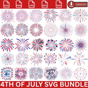 Könnte beinhalten: Eine digitale Sammlung von dreißig rot-weiß-blauen Feuerwerksillustrationen in verschiedenen Stilen, darunter Sternenexplosionen, Spiralen und Punktmuster. Zwei Designs enthalten den Text Happy 4th of July. Das Set umfasst die Dateiformate SVG, PNG, JPG, EPS und DXF.