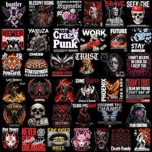 May include: A collection of thirty-five graphic designs featuring diverse themes including skulls, mythical creatures, animals, motivational text, and artistic illustrations. Each square panel displays unique imagery with bold typography and dark, vibrant color palettes.