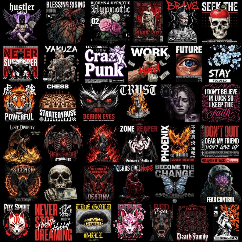May include: A collection of thirty-five graphic designs featuring diverse themes including skulls, mythical creatures, animals, motivational text, and artistic illustrations. Each square panel displays unique imagery with bold typography and dark, vibrant color palettes.