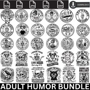 May include: A digital bundle of thirty black and white circular graphic designs featuring skeletons, animals, and humorous text. The collection includes illustrations of skulls, coffee cups, and various edgy phrases, presented as a downloadable file set.