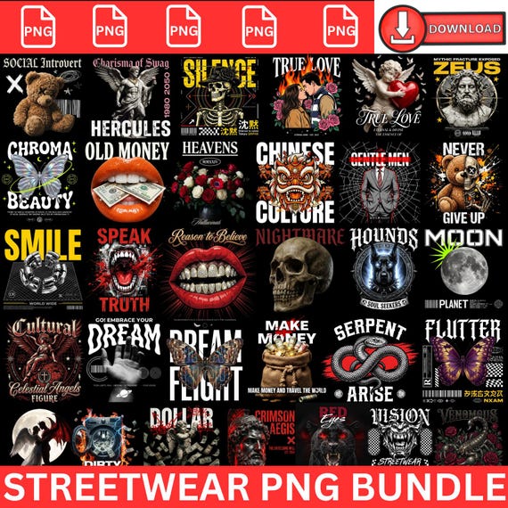 100Streetwear Png Bundle, Tshirt Design, T-Shirt Print Design, Hip Hop digital download, T-Shirt Pod Design Pack, Trendy Urban PNG, Digital