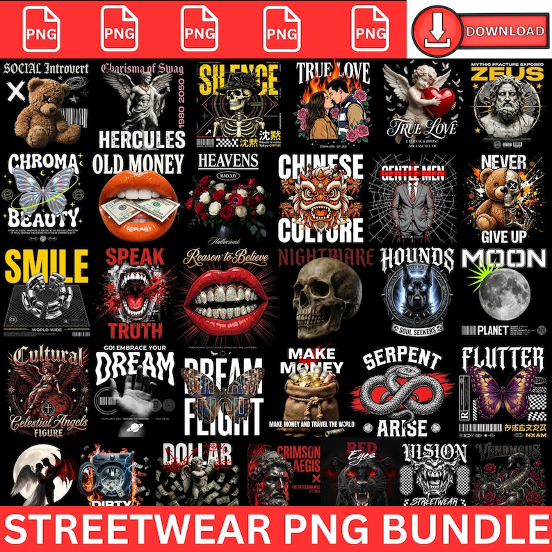 May include: A digital collection of graphic designs featuring diverse imagery including teddy bears, skulls, butterflies, mythological figures, animals, and lips, all set against a black background with various text elements.