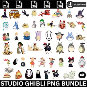 May include: A collection of Studio Ghibli PNG images featuring characters from various animated films. The images include characters like Totoro, No-Face, and others in a variety of poses and styles. The text "STUDIO GHIBLI PNG BUNDLE" is at the bottom.