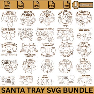 May include: A collection of Santa-themed SVG designs for Christmas. The bundle includes various tray designs with spaces for cookies, milk, and carrots, along with festive text and graphics. The designs are in black and white.
