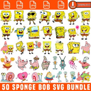 Op de afbeelding: Een digitale bundel van 50 SpongeBob SquarePants SVG-bestanden. De afbeeldingen tonen SpongeBob, Patrick Ster, Octo Tentakel en andere personages in verschillende poses. De bestanden zijn beschikbaar in SVG, PNG, JPG, EPS en DXF-formaten.